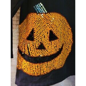 Quaker Factory Top Sweatshirt Black Sequin Pumpkin Women's XS Fall Halloween